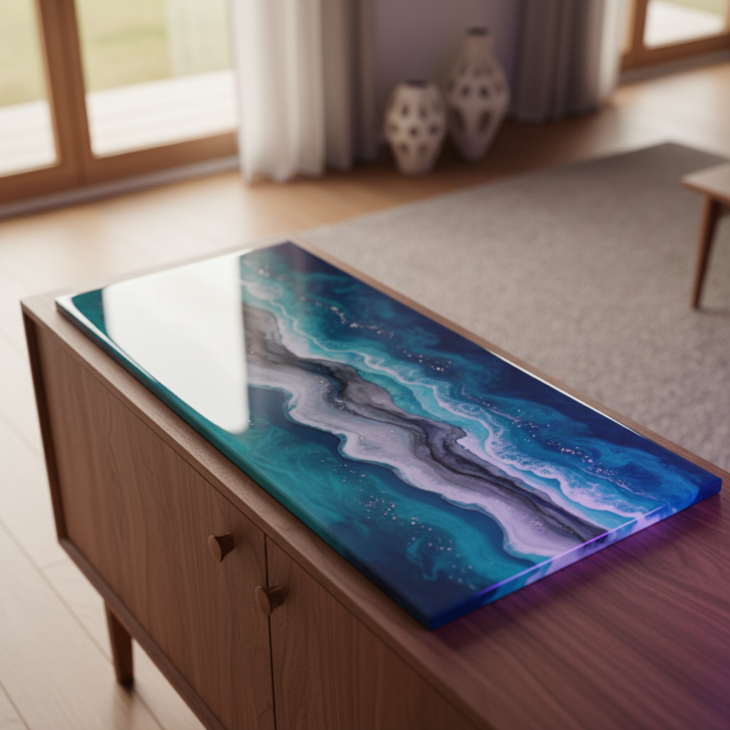 A rectangular epoxy resin art panel resting on a walnut credenza, its surface a serene abstract seascape in layered turquoise, smoke gray, and milky white, with embedded shimmering particles that glow under UV light. The left half of the room is lit by soft afternoon natural light from a large window, while the right side is subtly washed in violet UV light, clearly revealing the bio-luminescent lines and speckles. Behind, a muted, high-end living space with a neutral rug and sculptural ceramic decor fades into a gentle bokeh. Photographic realism, three-quarter angle close-up, emphasizing the panel’s beveled edges, glossy reflections, and fine resin details. The mood is refined and tranquil, showcasing how the piece transitions elegantly from day to night display.