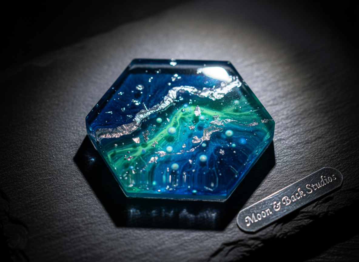 An ultra-close-up photographic view of a small hexagonal epoxy resin art tile, placed on a dark slate surface, its intricate layers resembling a moonlit tide pool. Transparent teal and midnight blue resin swirl around suspended metallic flecks and fine trails of bio-luminescent pigment that appear subtly pale in ambient light, yet vividly radiant under a focused UV spotlight from above. The lighting is dramatic and directional, creating crisp highlights on the glass-like surface and inky shadows around the tile’s edges. Captured with a macro lens, shallow depth of field, and centered composition, every bubble-free layer, sharp edge, and micro-texture is visible. The mood is intimate and luxurious, emphasizing craftsmanship, material quality, and the ethereal glow that defines Moon and Back Studios’ resin work.