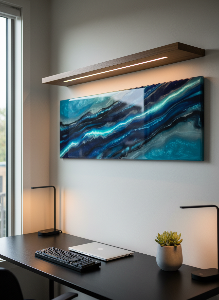 A sophisticated home office corner featuring a long, narrow epoxy resin wall sculpture above a streamlined black desk. The artwork stretches horizontally, its design a flowing river of deep navy, smoky quartz, and luminous aqua bands that emit a soft, bio-luminescent glow when a concealed UV strip under a floating shelf is activated. Daylight from a side window creates gentle reflections on the resin while desk-level LED task lights provide a warm counterbalance. Photographic realism, shot from a slightly elevated perspective using rule-of-thirds composition, keeping the sculpture in sharp focus while the keyboard, closed laptop, and a minimalist plant pot gently blur. The atmosphere is calm, modern, and aspirational, demonstrating how Moon and Back Studios’ resin art elevates a workspace with both daytime elegance and nighttime ambient glow.