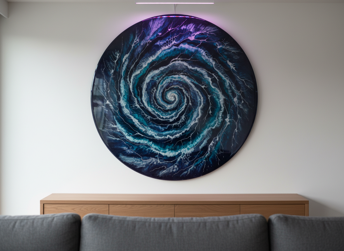 A large, circular bio-luminescent epoxy resin wall art piece, resembling a swirling galaxy of deep indigo, teal, and pearl white, with delicate strands of glow-in-the-dark pigments threading through translucent layers. The artwork is mounted on a smooth matte white wall in a minimalist living room, above a low charcoal-gray sofa and a sleek oak console. Soft natural daylight from a nearby window illuminates the resin’s glossy surface, while a subtle UV strip hidden above adds a faint, ethereal glow to the luminous veins. Photographic realism, shot straight-on at eye level with a slight wide angle, sharp focus on the artwork, gently blurred furnishings, creating a sophisticated, gallery-like atmosphere that highlights the depth, glassy finish, and cosmic feel of Moon and Back Studios’ signature resin style.